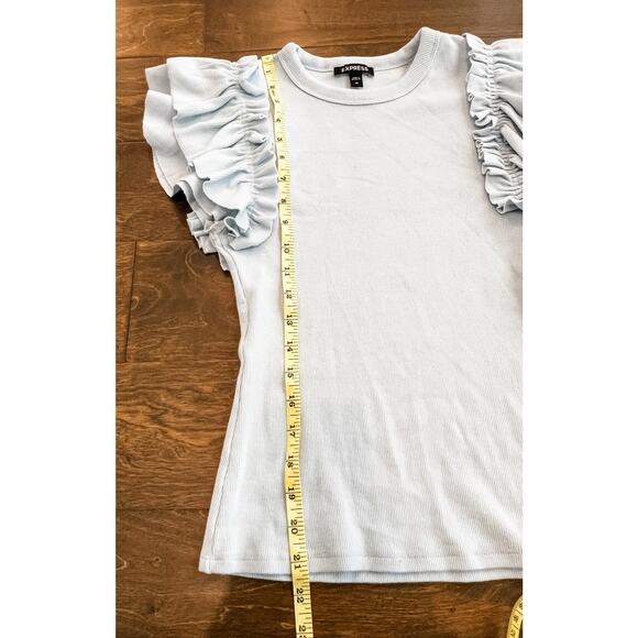 Express Women's XS Ribbed Ruffle‎ Sleeve Top Light Blue Cotton Spandex - Picture 8 of 8